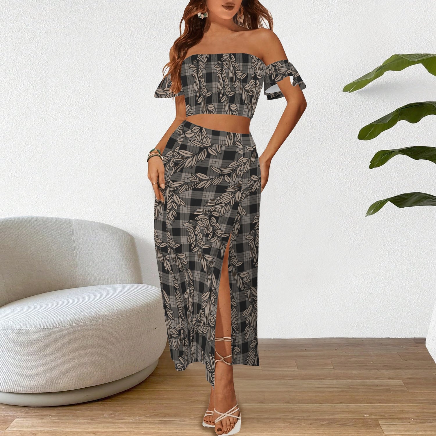 Malino Set in Maile and Palaka (Off Shoulder Smocked Tube Top & High Waist Split Thigh Maxi Skirt) Black and Taupe