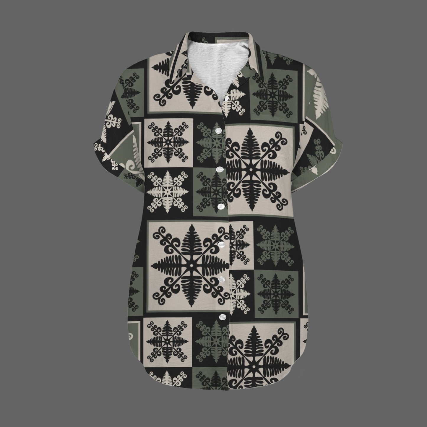 Hapu'u Fern Kapa Kuiki Block Print Harmony Blouse, Women's Short Sleeve Button Down Shirt - Green