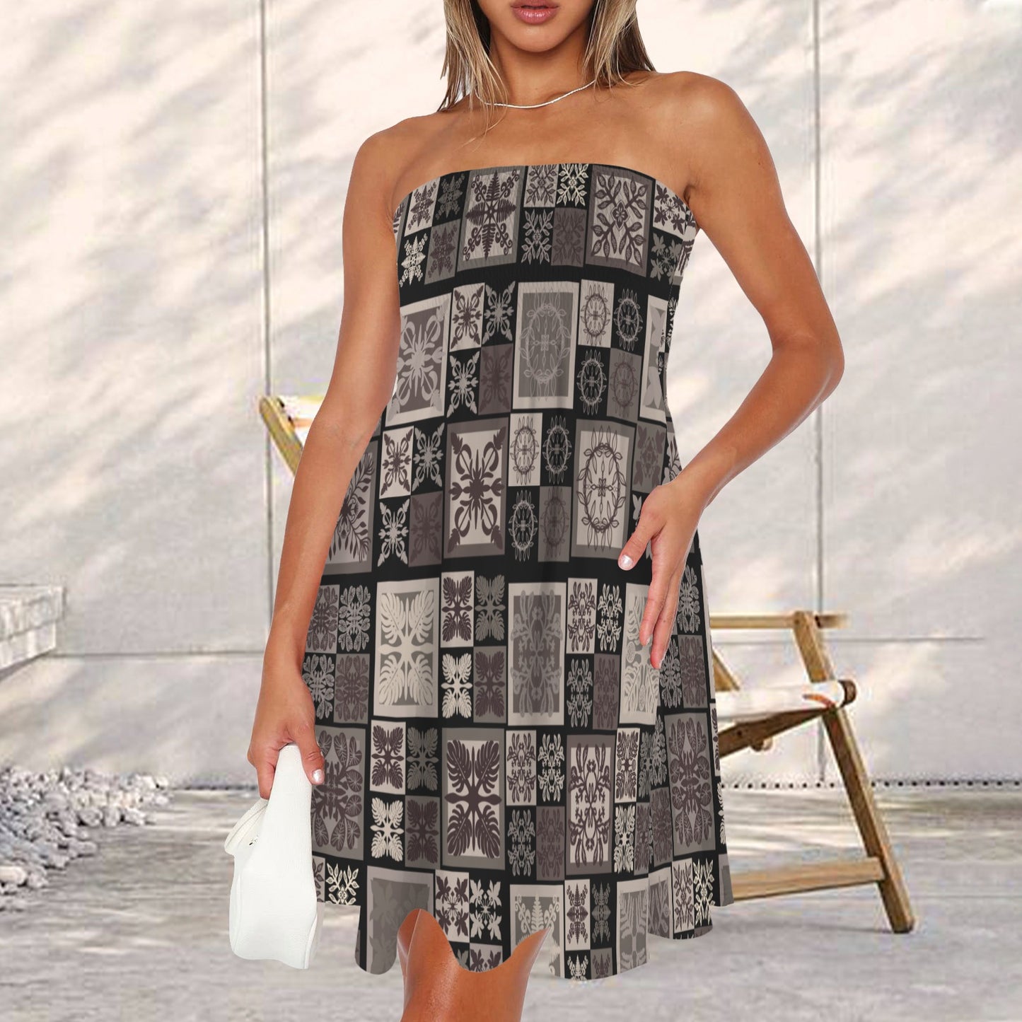 Hauʻoli Strapless Tube Dress - Kapa Kuiki - Brown and Beige
