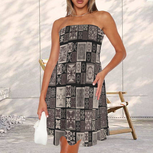 Hauʻoli Strapless Tube Dress - Kapa Kuiki - Brown and Beige