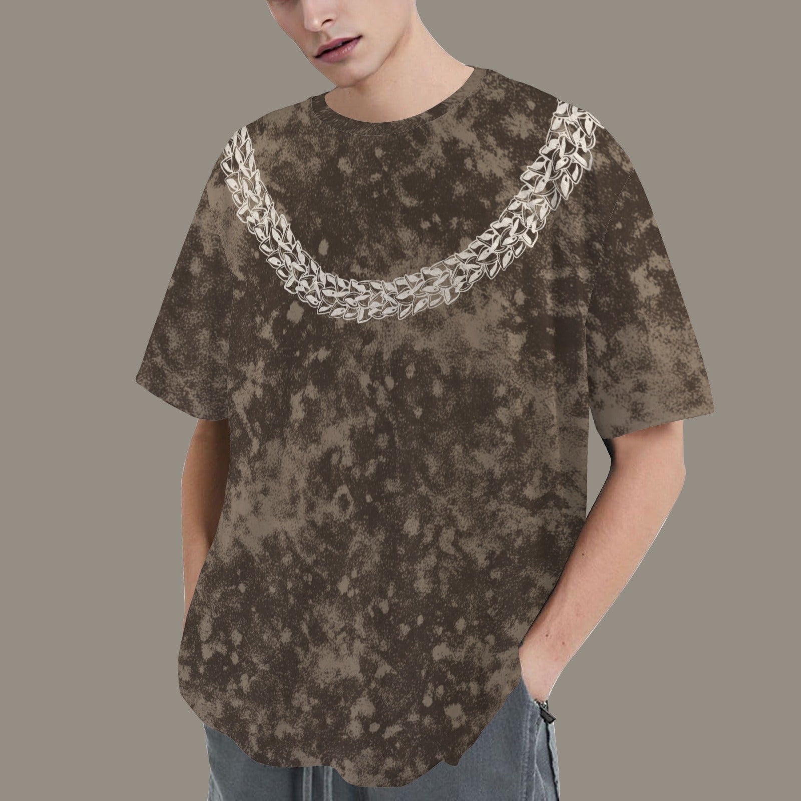 Oversized Vintage Wash Graphic T-shirt| Hawaiian Lei Tee, Smokey Chocolate Brown - Ni'ihau Shell Lei