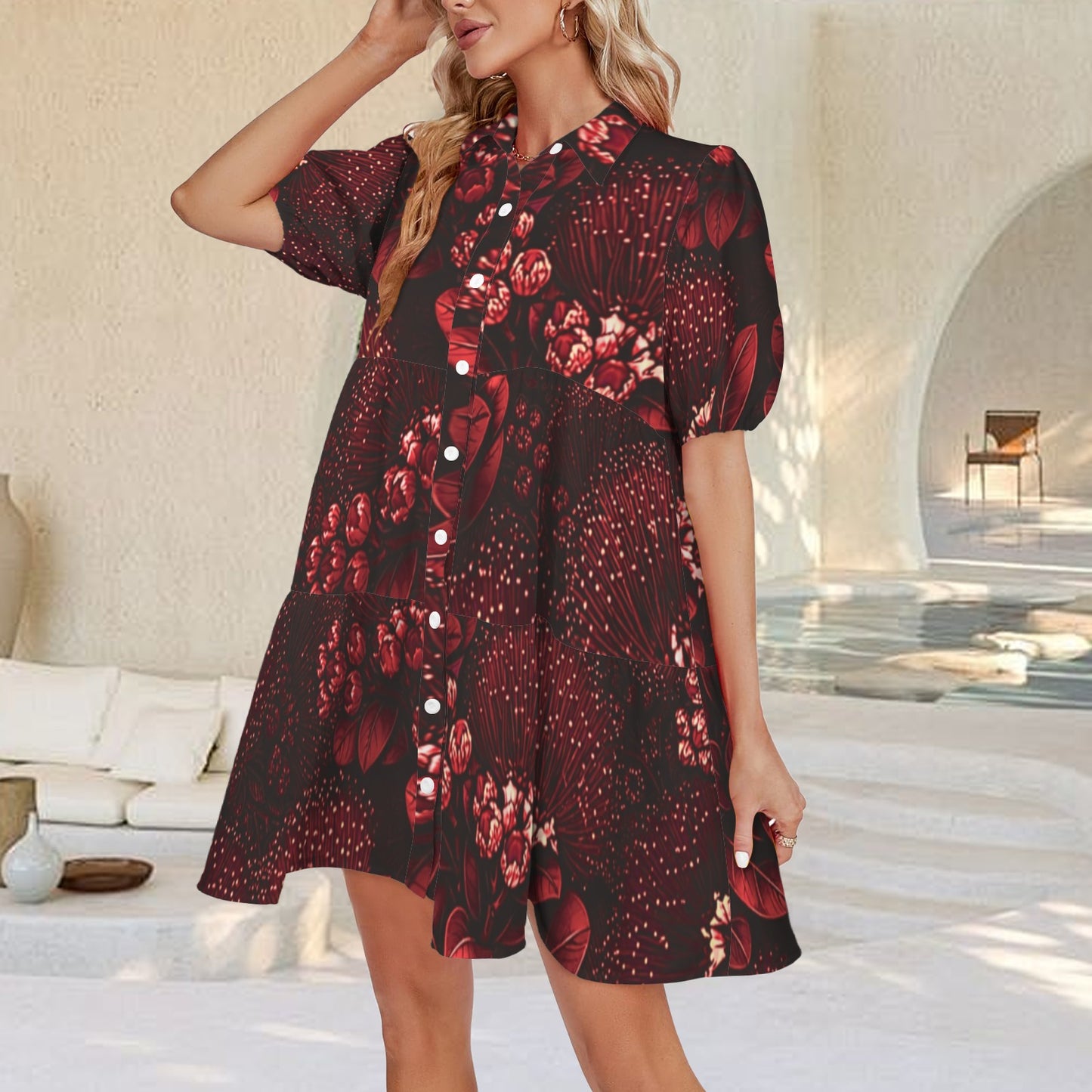 Puʻuwai Button down Puff sleeve baby doll dress in Ohia Lehua Red and Black