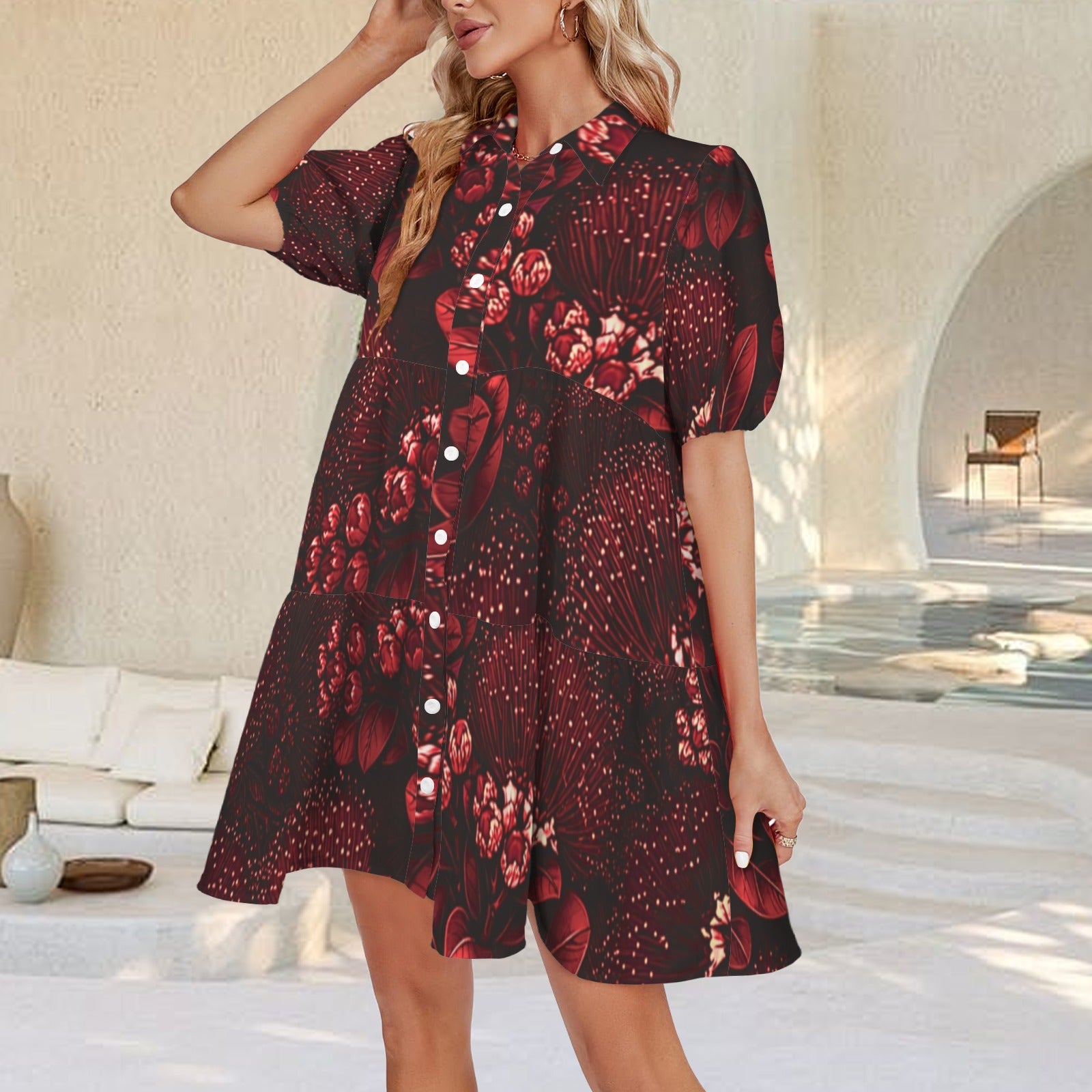 Puʻuwai Button down Puff sleeve baby doll dress in Ohia Lehua Red and Black