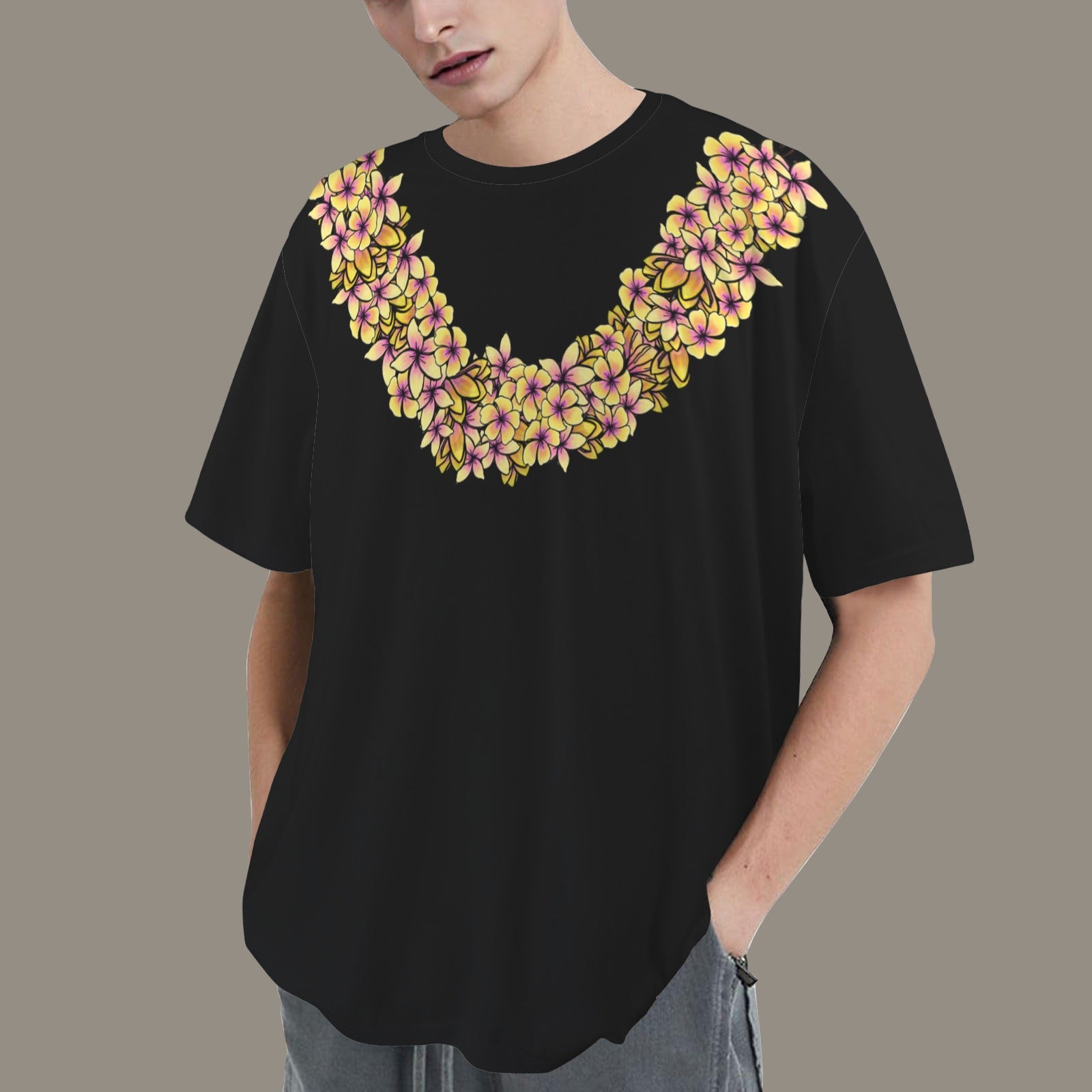 Oversized Hawaiian Lei Graphic T-Shirt  | Plumeria Poepoe Lei - Yellow and Pink Plumeria