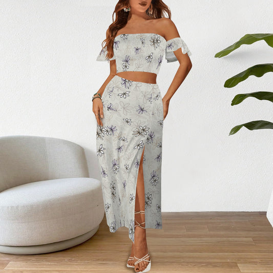 Malino Set in Naupaka (Off Shoulder Smocked Tube Top & High Waist Split Thigh Maxi Skirt) Soft Gray