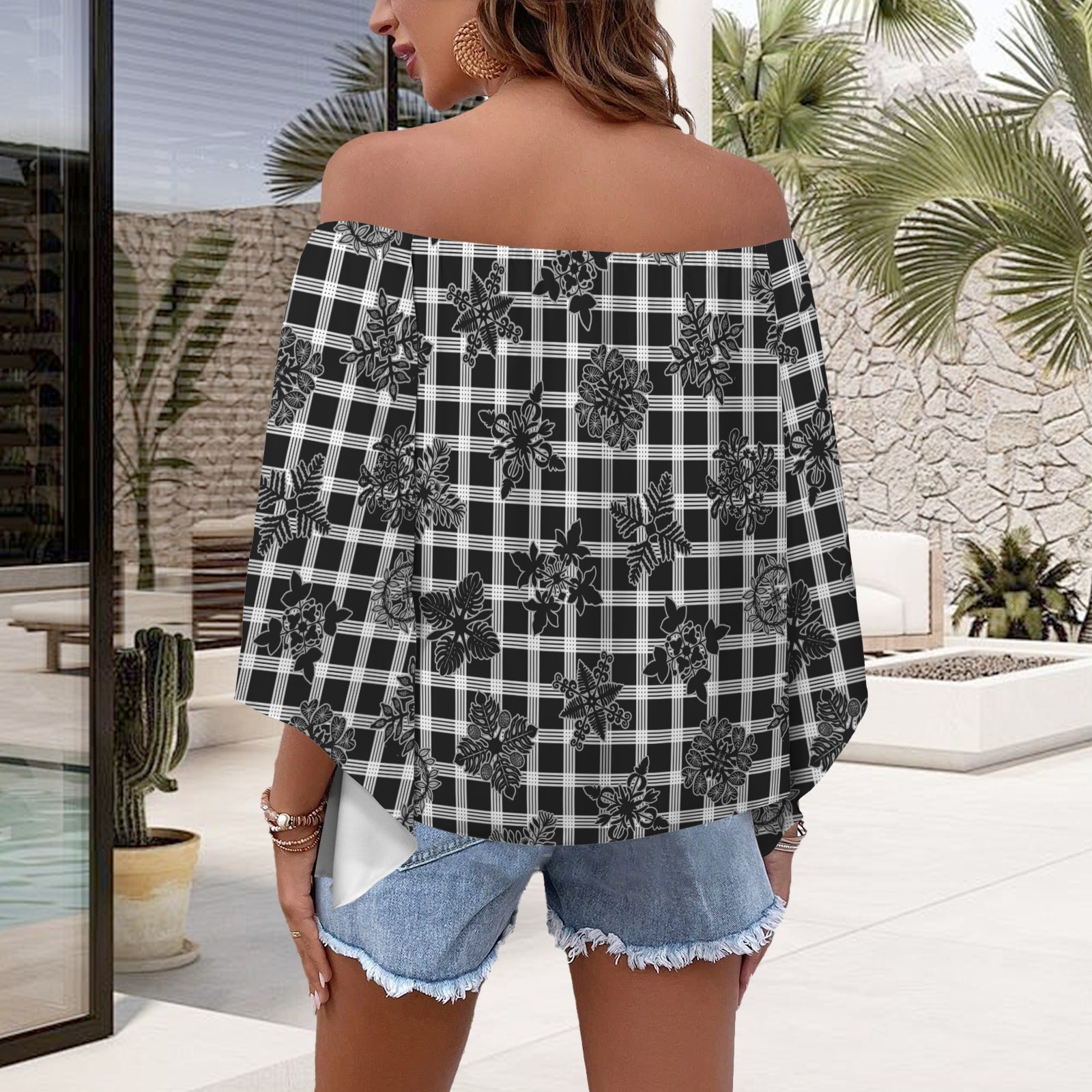 Kolonahe Palaka and Kapa Kuiki Hawaiian Print Off Shoulder Trumpet Sleeve Blouse - Black and White