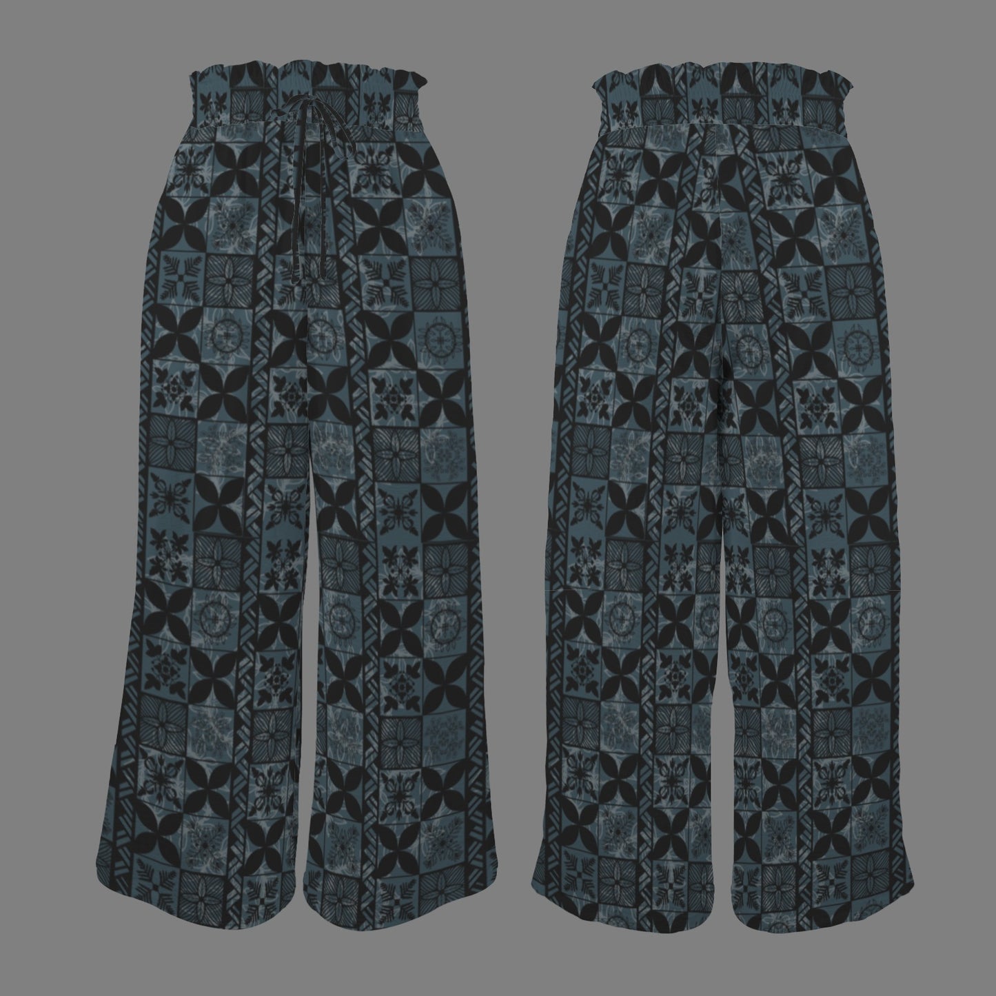 Makamae Elastic Waist Wide Leg Pants - Hawaiian Kapa Quilt in Black and Teal
