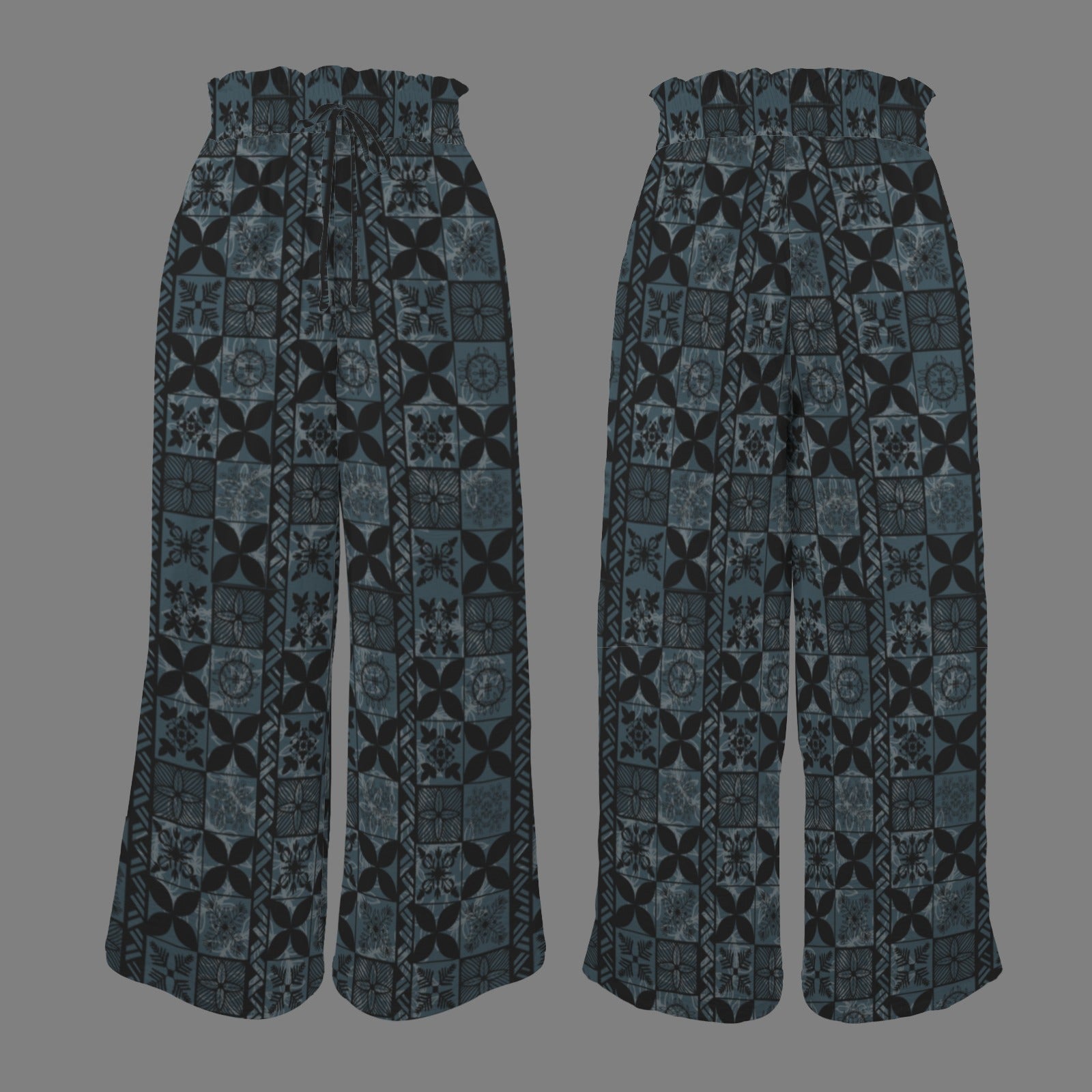 Makamae Elastic Waist Wide Leg Pants - Hawaiian Kapa Quilt in Black and Teal