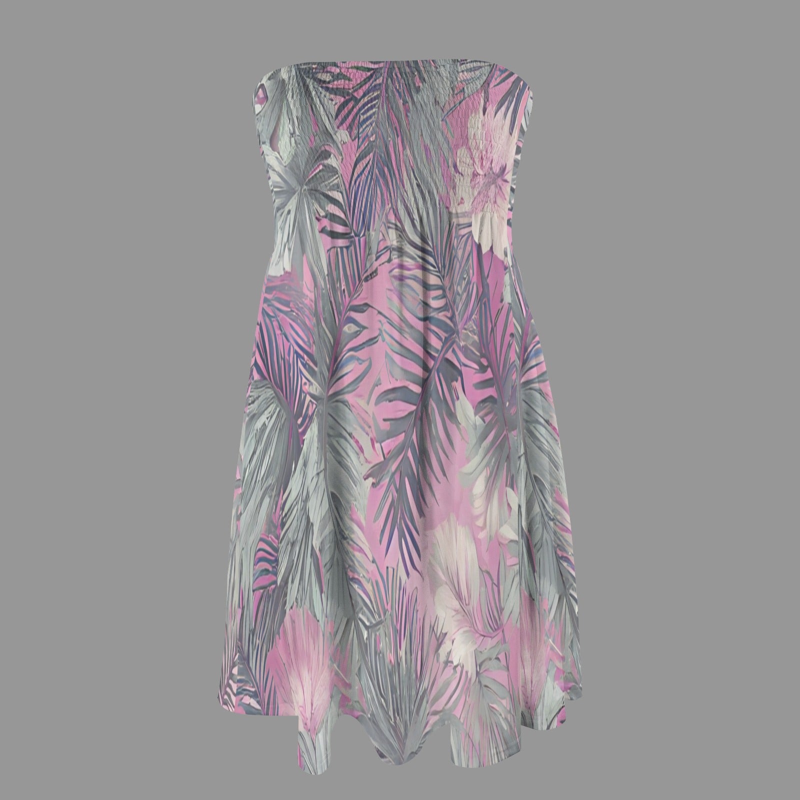 Hawaiian Tropical Print Pink Tones Tube Top Pleated Dress