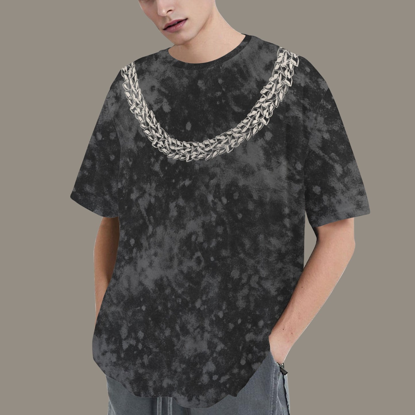 Oversized Vintage Wash Graphic T-shirt | Hawaiian Lei Tee, Smokey Black and Gray - Ni'ihau Shell Lei