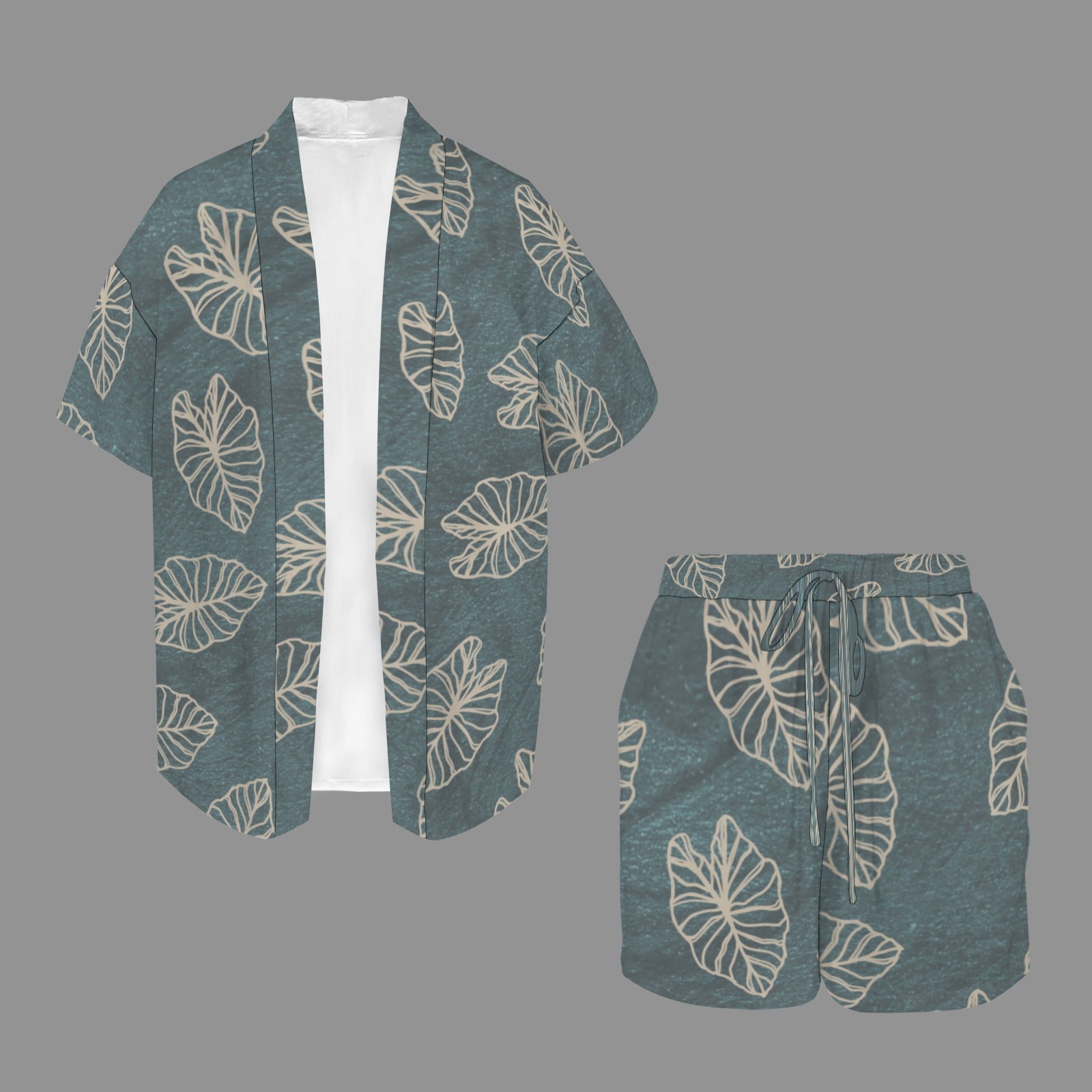 Hunnie Girl 2 PC Set - Open Front Kimono Blouse with Drawstring Waist Shorts - Kalo Teal and Cream