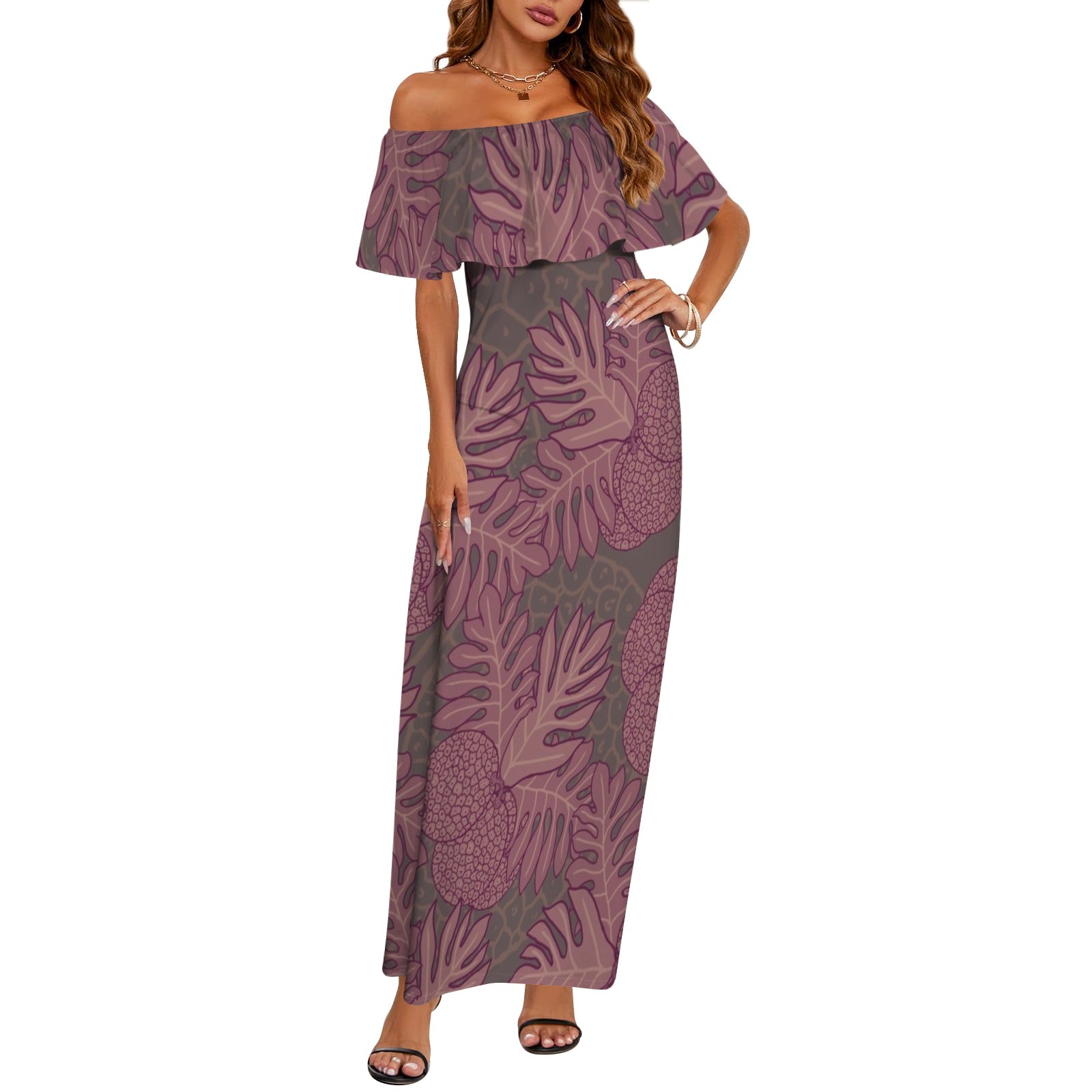 Ulu Breadfruit Hawaiian Print Off Shoulder Maxi Style Dress - Pink and Brown 3XL Ulu Breadfruit Hawaiian Print Off Shoulder Maxi Style Dress - Pink and Brown 3XL