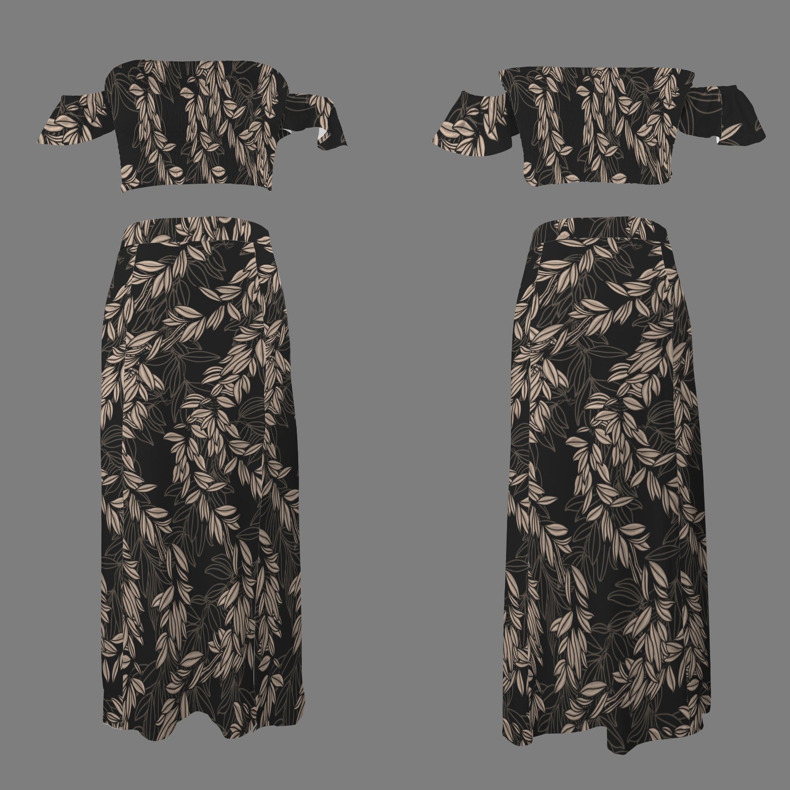 Malino Set in Maile (Off Shoulder Smocked Tube Top & High Waist Split Thigh Maxi Skirt) Black and Taupe