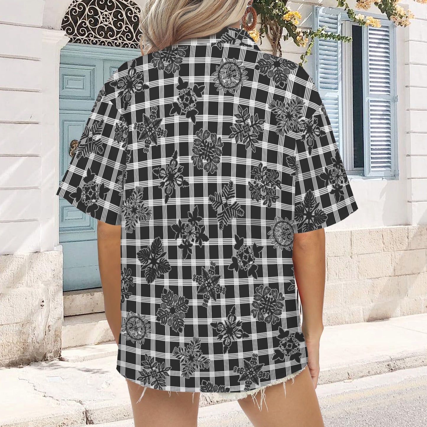 Palaka and Kapa Kuiki Hawaiian Quilt Print - The Honey Girl Shirt - Black, Gray and White