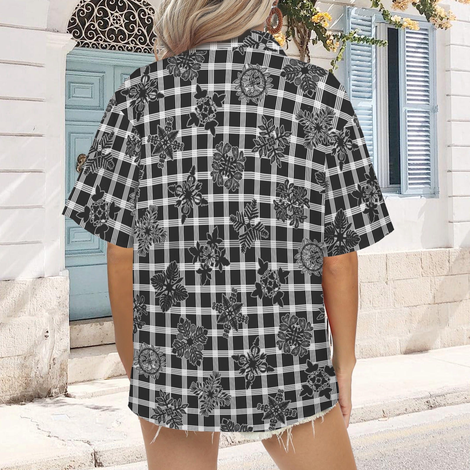 Palaka and Kapa Kuiki Hawaiian Quilt Print - The Honey Girl Shirt - Black, Gray and White