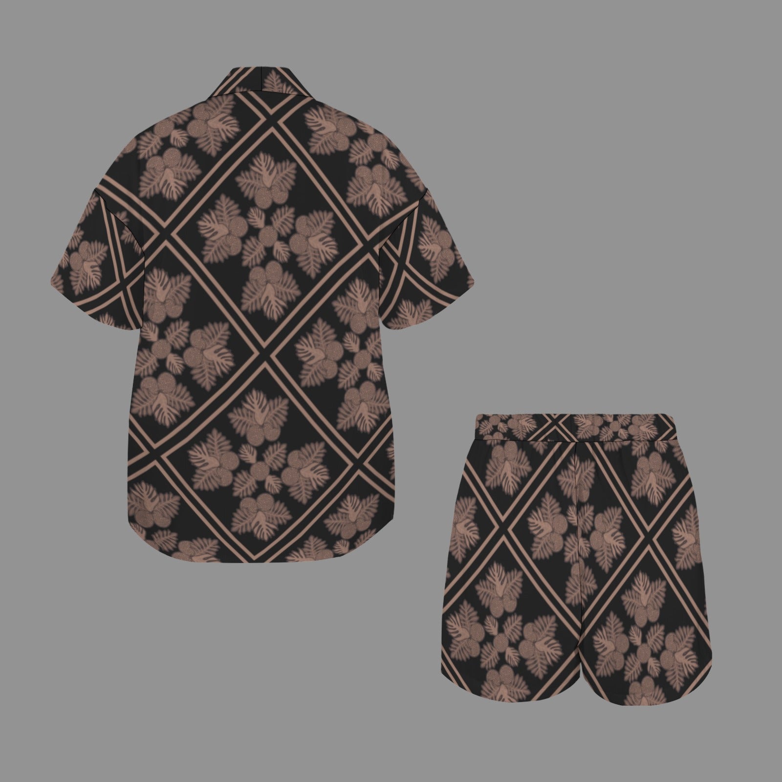 Hunnie Girl 2 PC Set - Open Front Kimono Blouse with Drawstring Waist Shorts - Ulu Quilt Black and Mocha Pattern