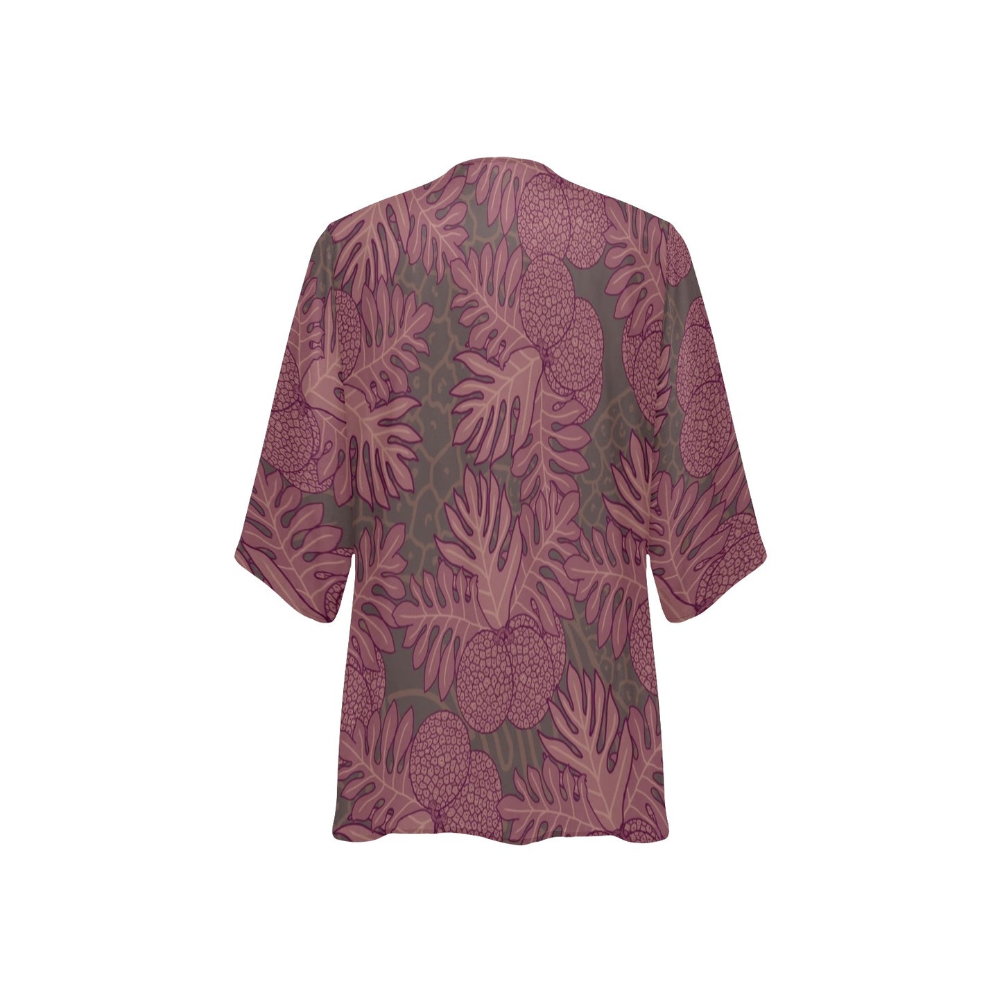 Ulu Breadfruit Hawaiian Print Kimono Chiffon Cover Up - Pink and Taupe