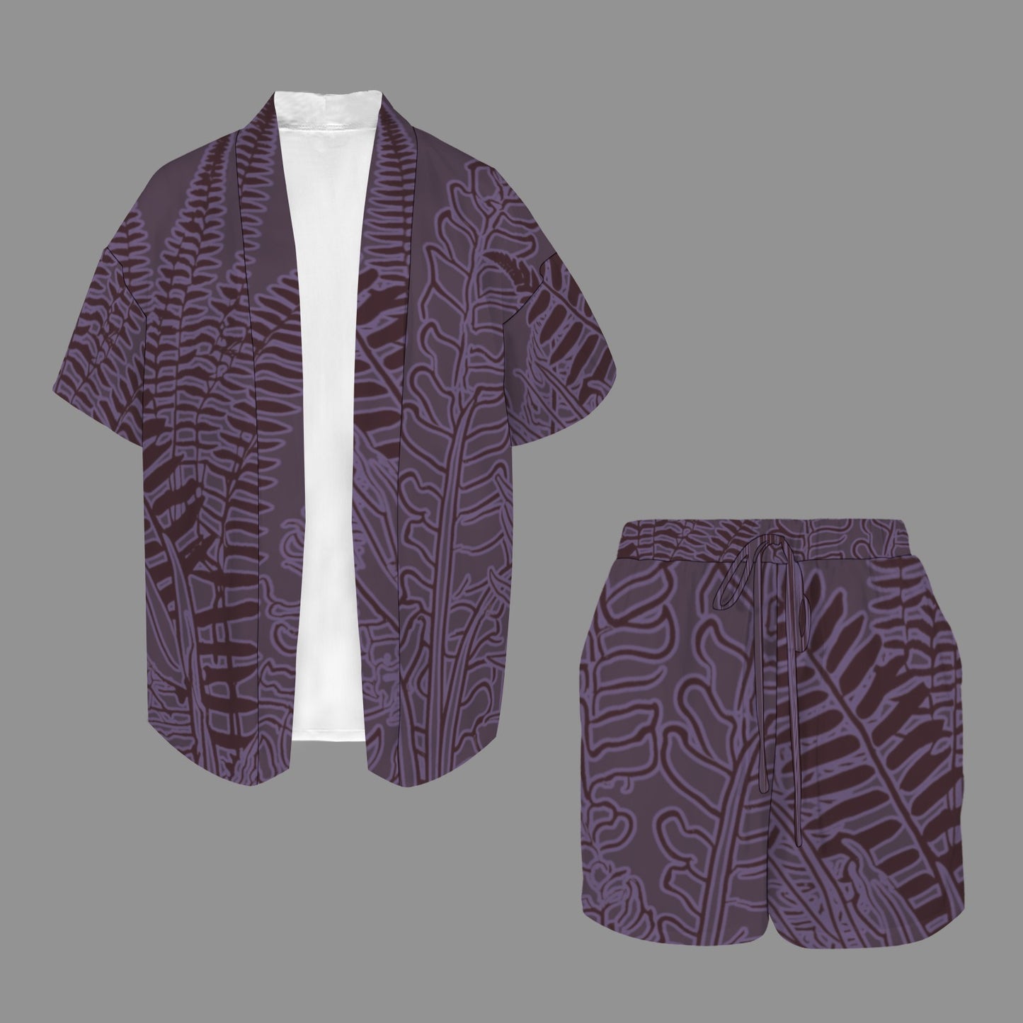 Hunnie Girl 2 PC Set - Open Front Kimono Blouse with Drawstring Waist Shorts - Hawaiian Fern Queenʻs Purple