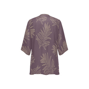 Laua'e Fern Hawaiian Print - Lavender Mauve Women's Kimono Chiffon Cover Up Women's Kimono Chiffon Cover Up)