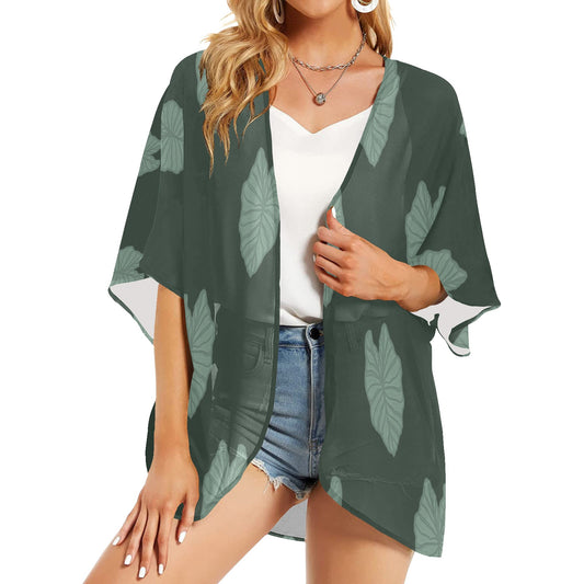 Kalo Taro Hawaiian Print Green Kimono Cover Up Women's Kimono Chiffon Cover Up