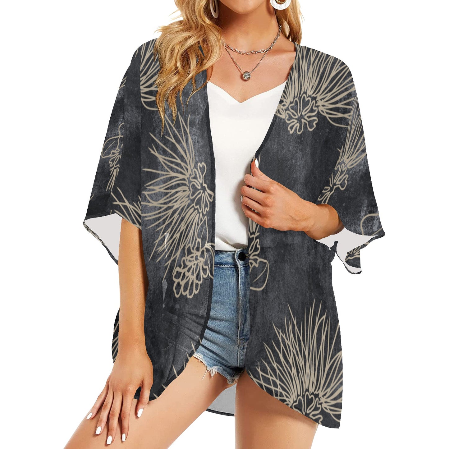 'Ohia Lehua with Gray Watercolor Women's Kimono Chiffon Cover Up Women's Kimono Chiffon Cover Up