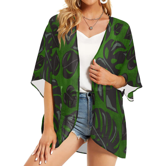 Monstera Green Watercolor Women's Kimono Chiffon Cover Up Women's Kimono Chiffon Cover Up