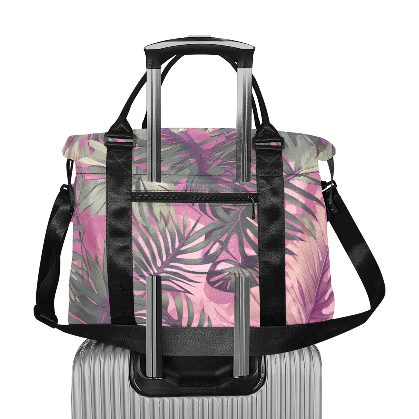 Hawaiian Tropical Print Pink Large Capacity Duffle Bag with Trolley Sleeve