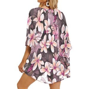 Plumeria Hawaiian Print Kimono Chiffon Cover Up - Pink Tones