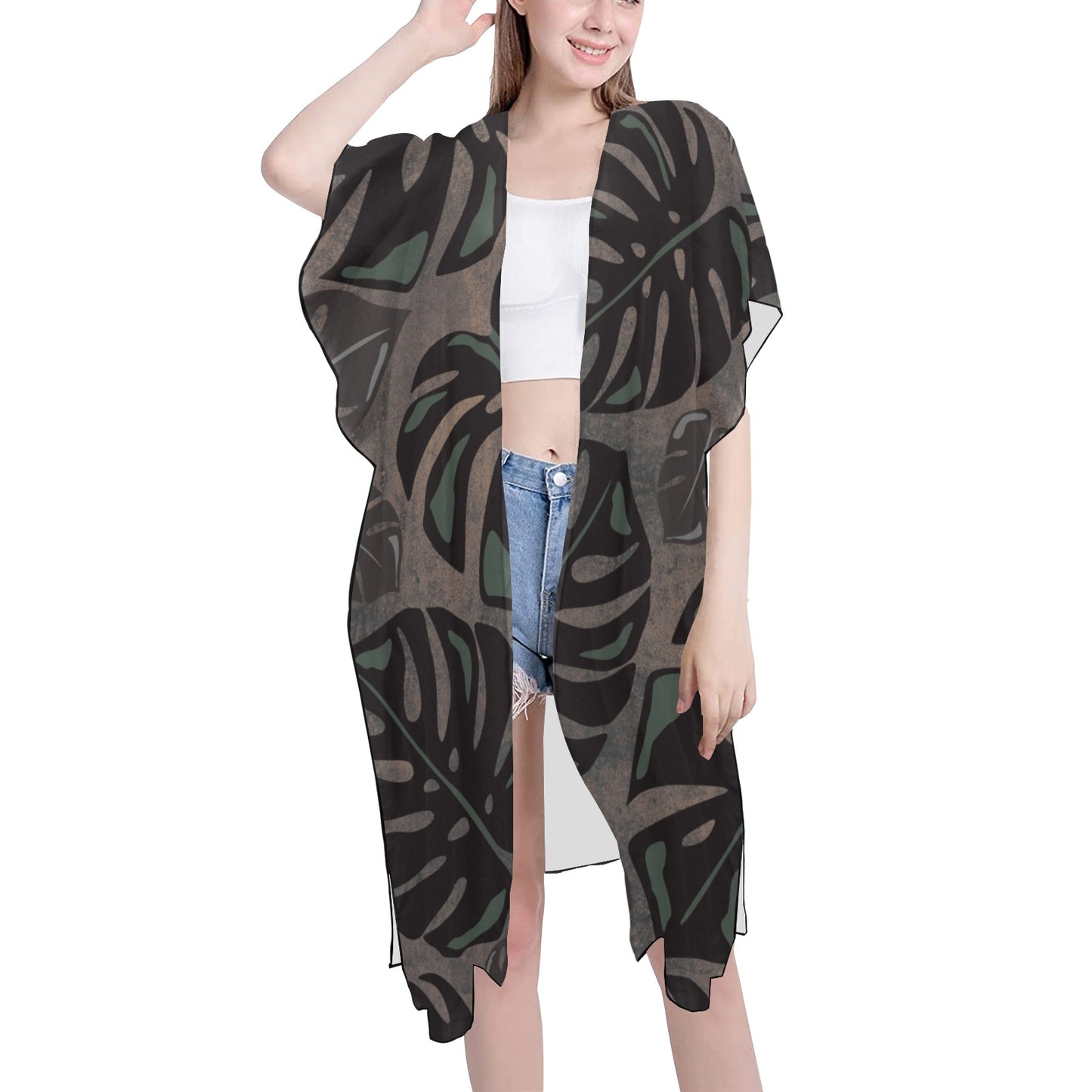 Monstera Watercolor Mid Length Chiffon Cover Up with Side Slits Mid-Length Side Slits Chiffon Cover Up