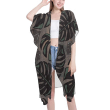 Load image into Gallery viewer, Monstera Watercolor Mid Length Chiffon Cover Up with Side Slits Mid-Length Side Slits Chiffon Cover Up