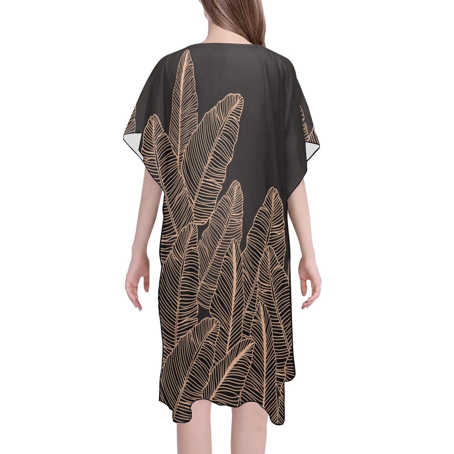 Banana Leaf Hawaiian Print Mid Length Side-Slit Cover Up - Black (Lau Mai'a Chiffon Cover Up)