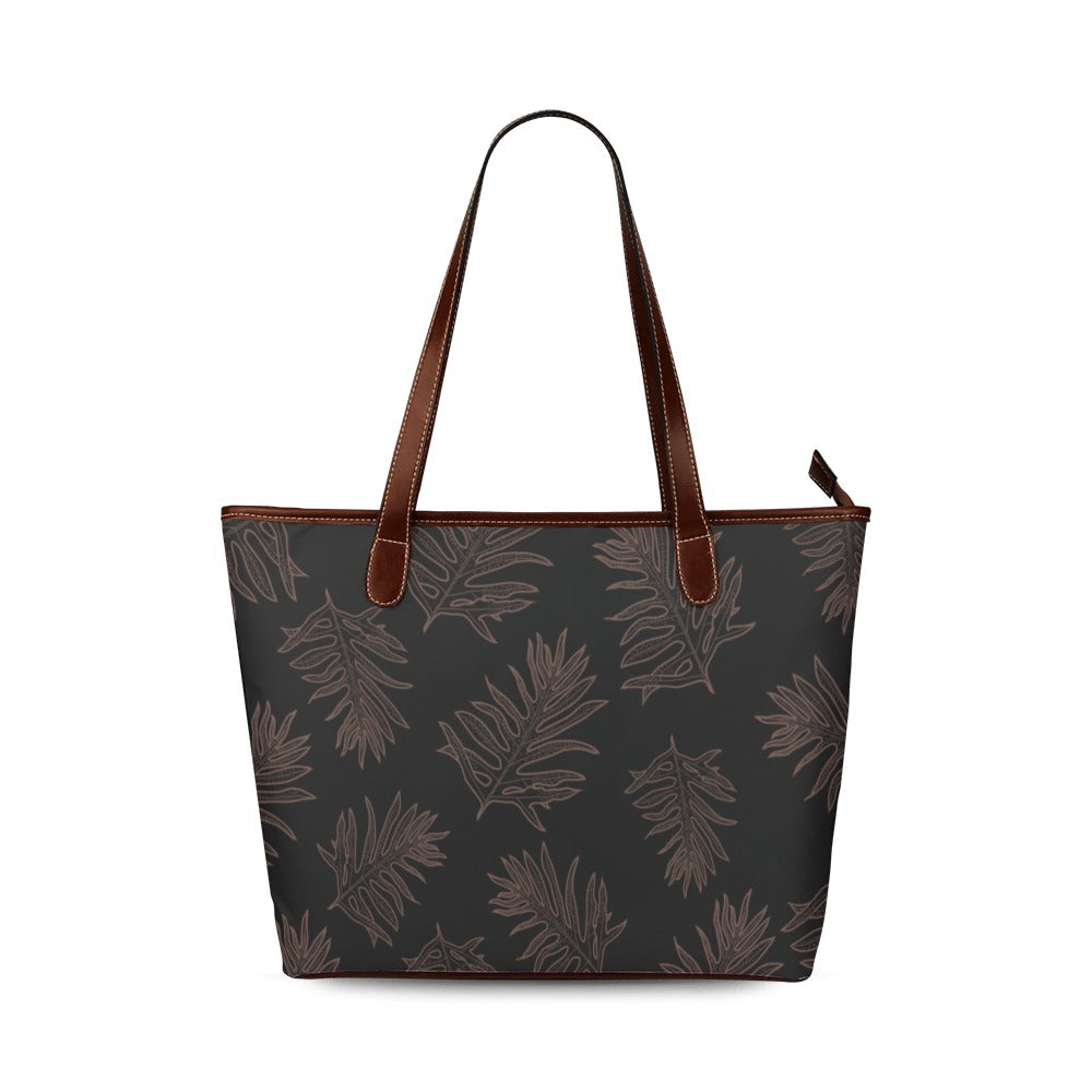 Laua'e Fern Hawaiian Print - Black and Brown Tote Bag with Brown Handles Shoulder Tote Bag (Model 1646)