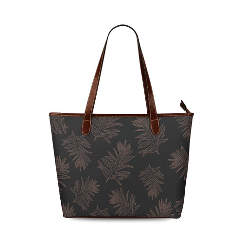 Laua'e Fern Hawaiian Print - Black and Brown Tote Bag with Brown Handles Shoulder Tote Bag (Model 1646)
