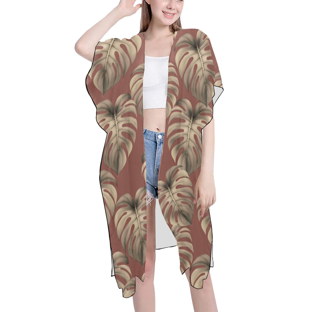 Monstera Mauve Mid Length Kimono Chiffon Cover Up with Side Slits