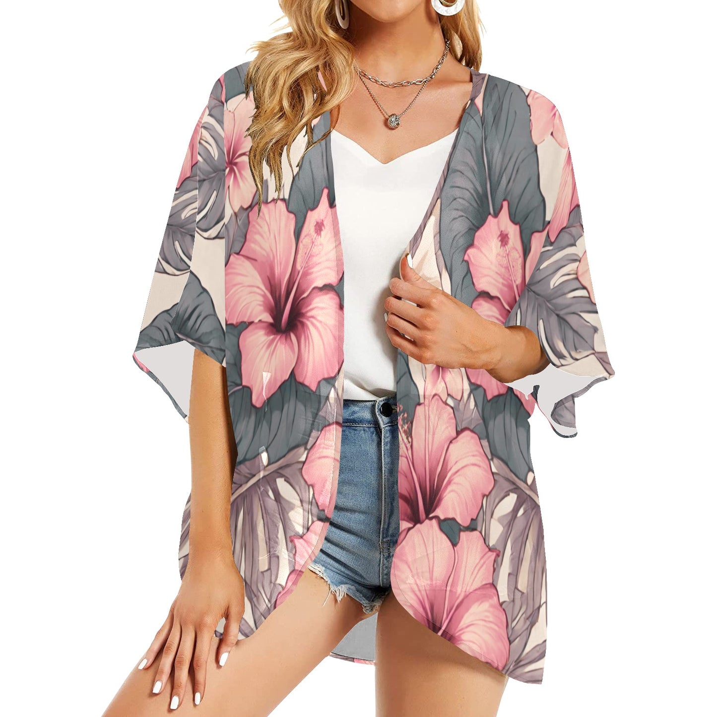 HIbiscus Hawaiian Print Kimono Chiffon Cover Up - Soft Tones