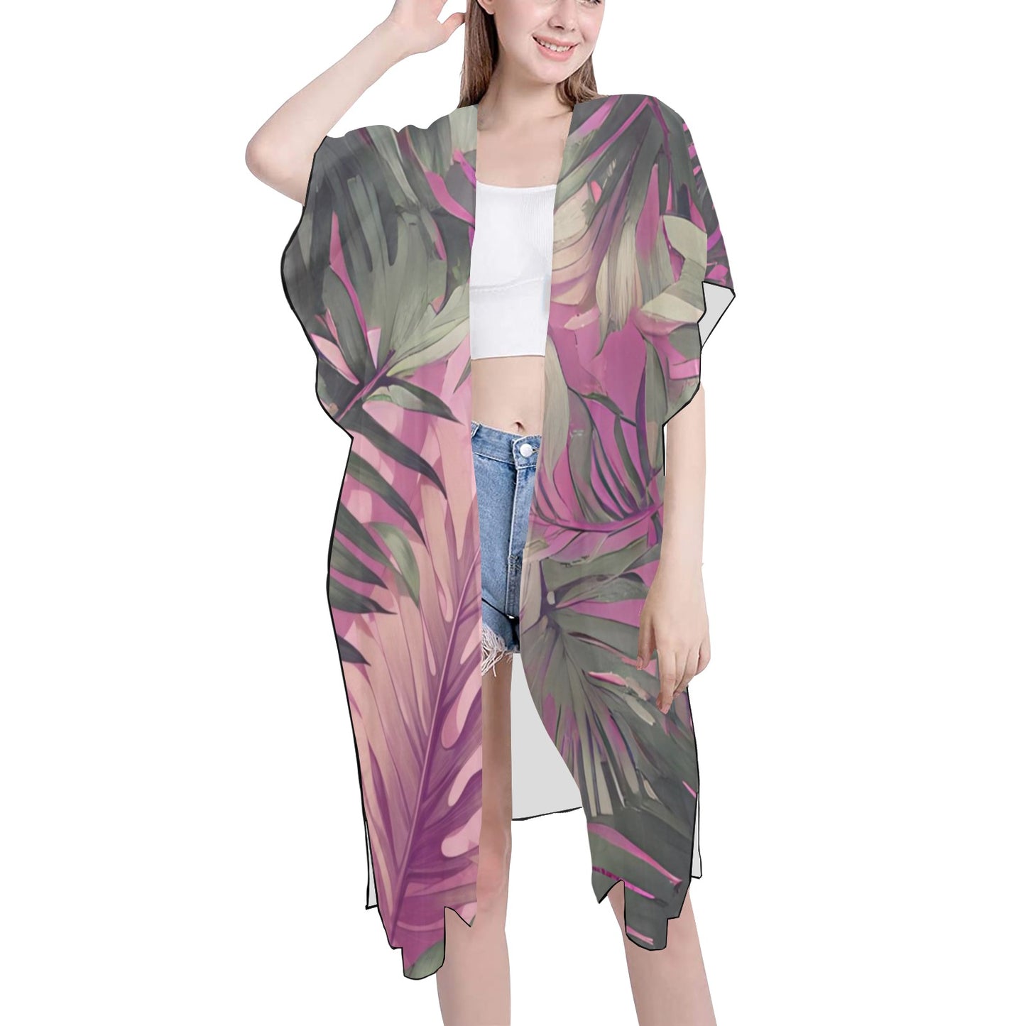 Hawaiian Tropical Print Pink Mid Length Kimono Chiffon Cover Up with Side Slits