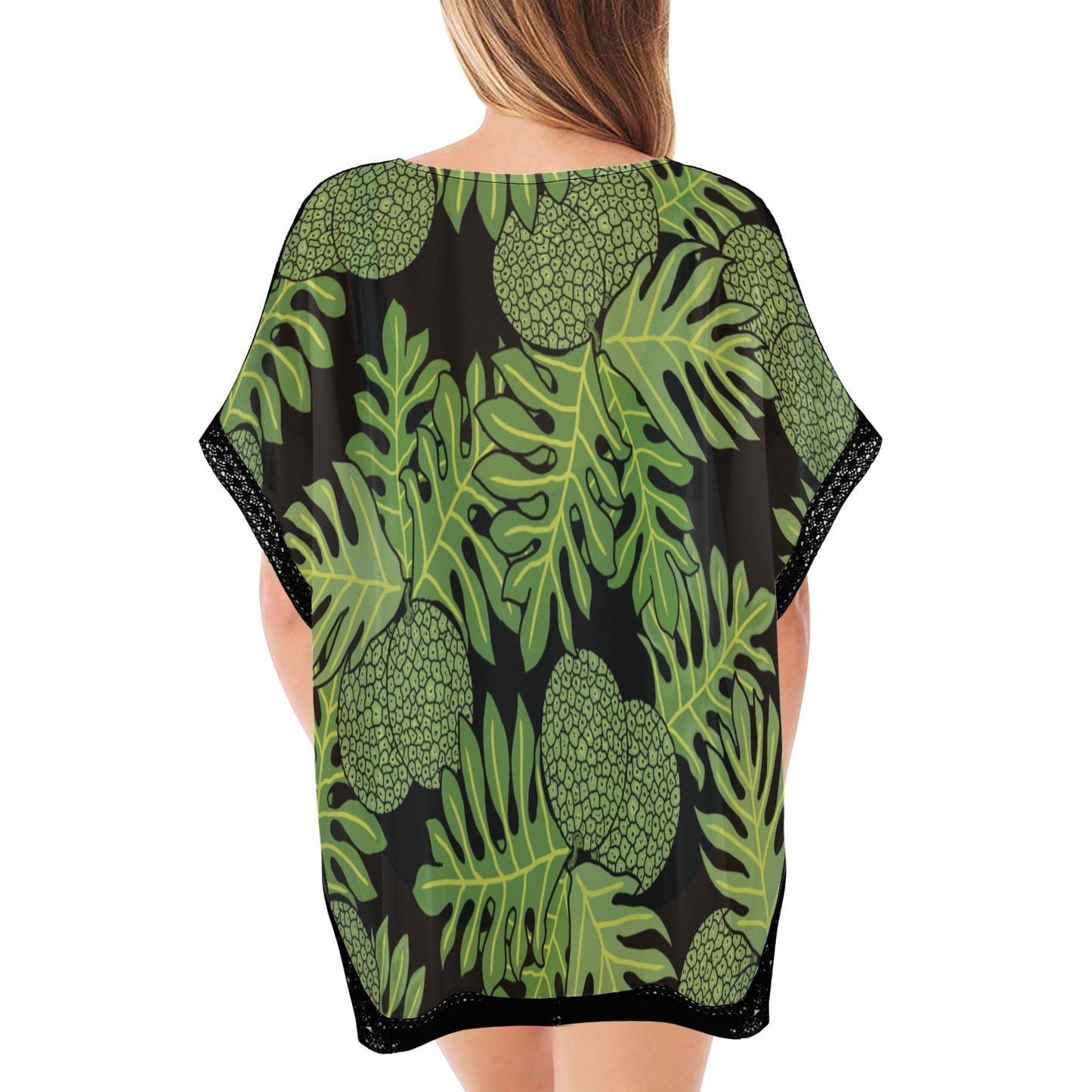 Ulu Breadfruit Hawaiian Print Beach Cover Up - Black and Green Women's Cover Up