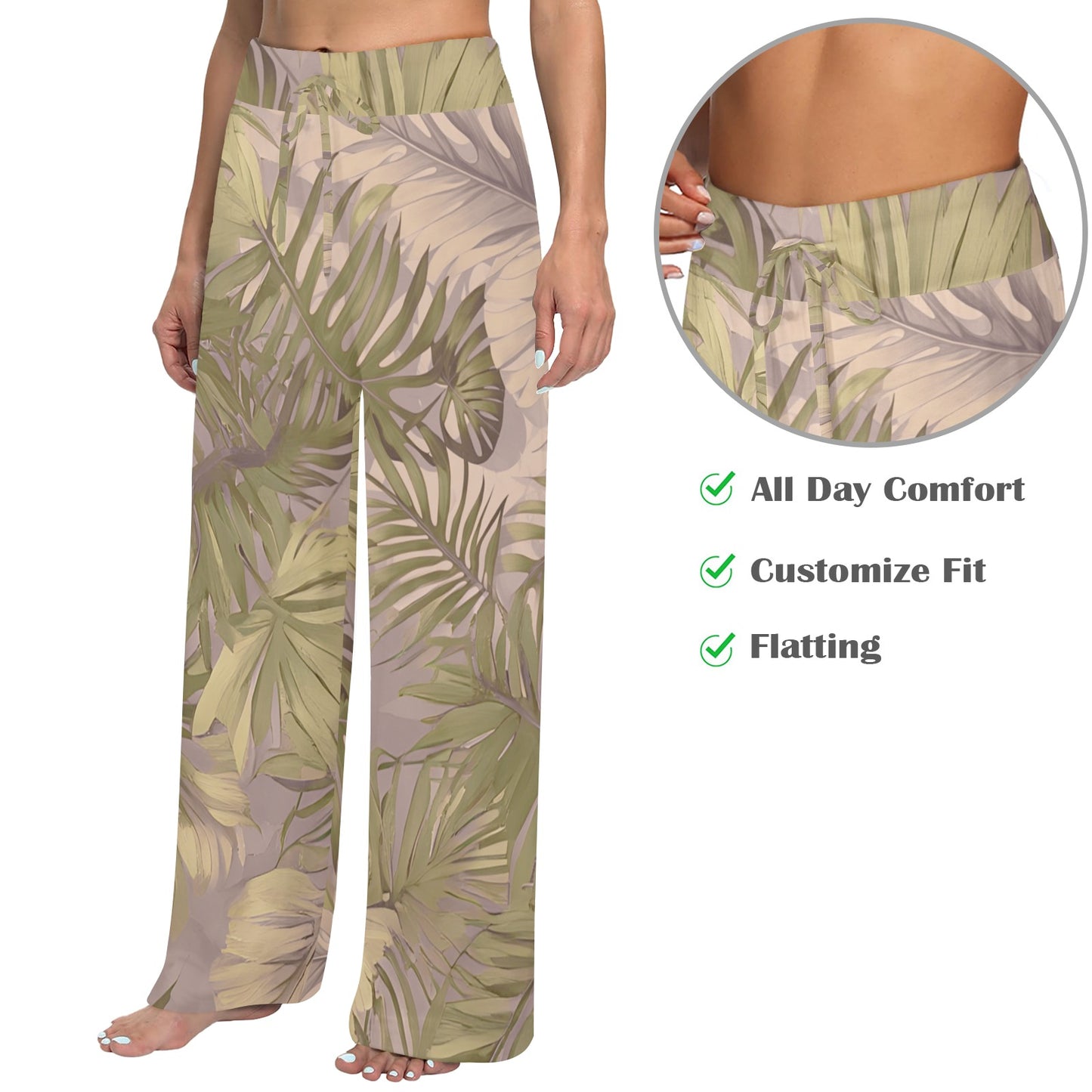 Hawaiian Tropical Print Wide Leg Palazzo Drawstring Pants - Soft Tones