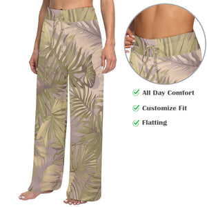 Hawaiian Tropical Print Wide Leg Palazzo Drawstring Pants - Soft Tones