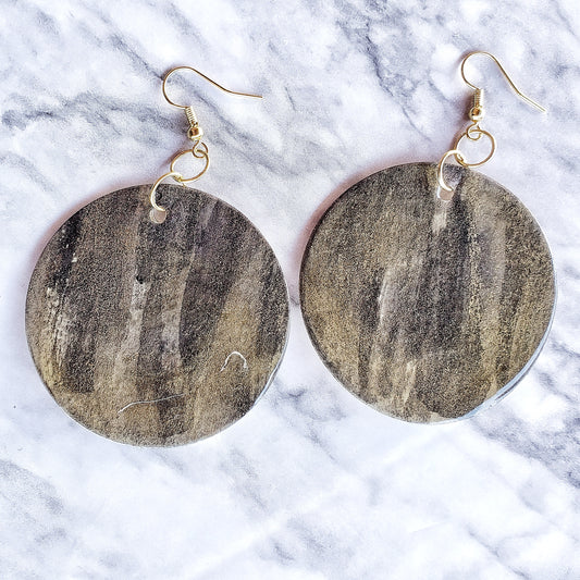 Handmade Watercolor Paper Earrings - Black/Gold Circle Design