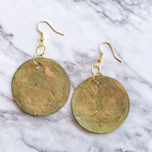 Handmade Watercolor Paper Earrings - Gold/Green Circle Design