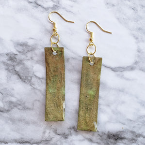 Handmade Watercolor Paper Earrings - Green/Gold Rectangle Bar Design