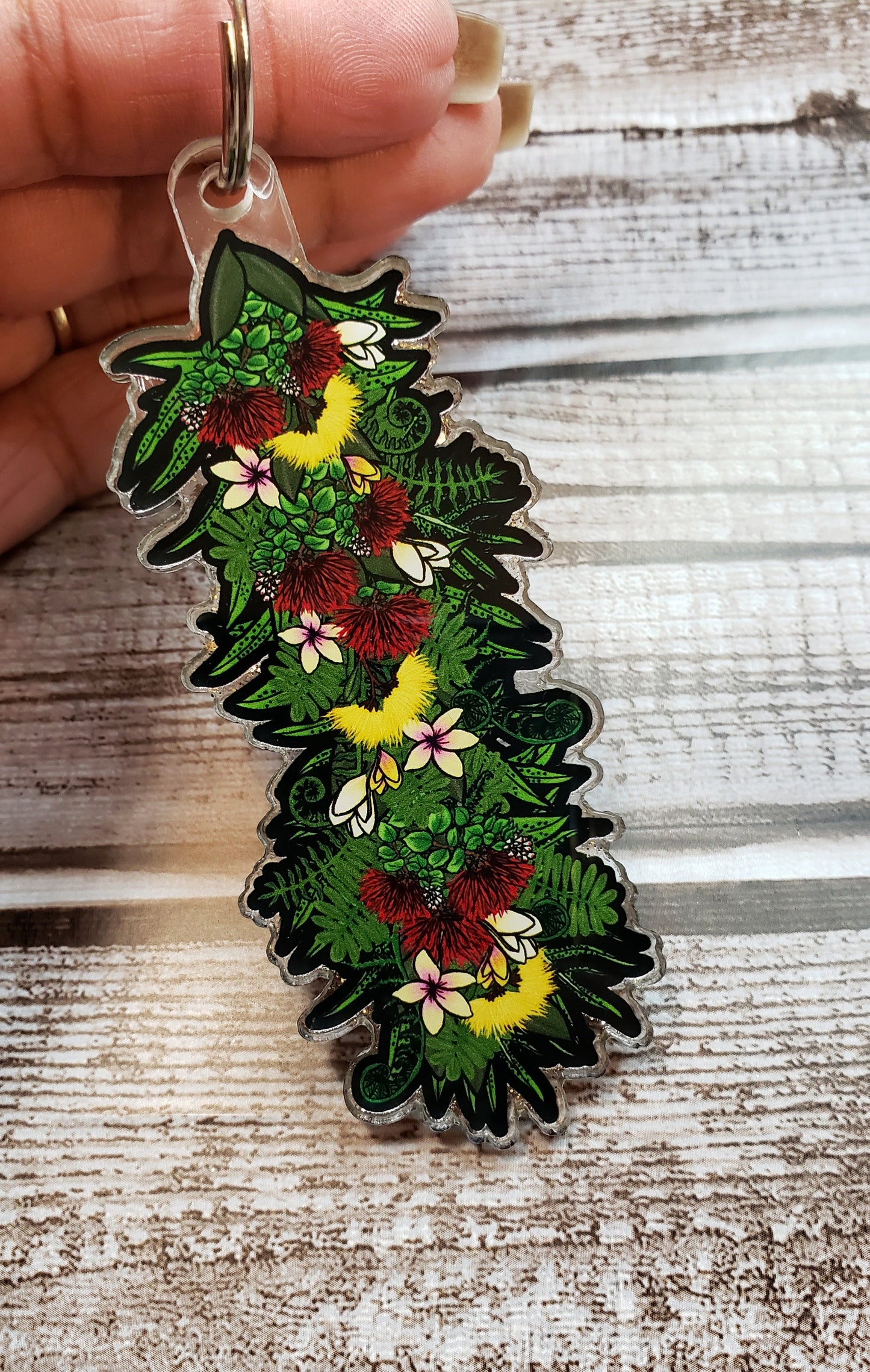 Haku Lei Acrylic Keychain - featuring hand-drawn Ohia Lehua, Plumeria and Fern