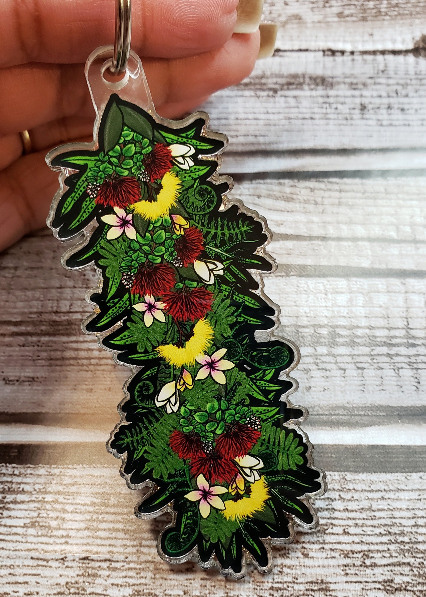 Haku Lei Acrylic Keychain - featuring hand-drawn Ohia Lehua, Plumeria and Fern