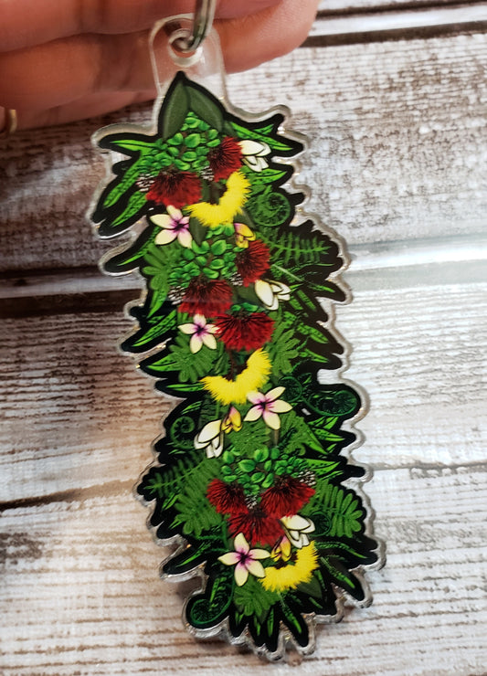 Haku Lei Acrylic Keychain - featuring hand-drawn Ohia Lehua, Plumeria and Fern