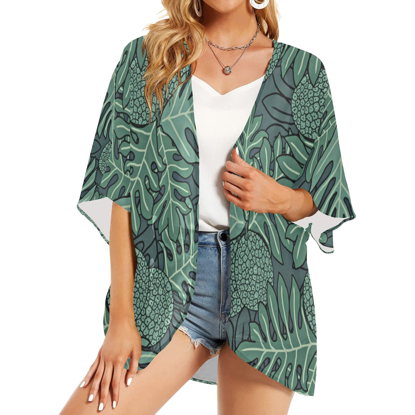 Ulu Breadfruit Hawaiian Print Kimono Cover Up - Teal (Chiffon Cover Up)