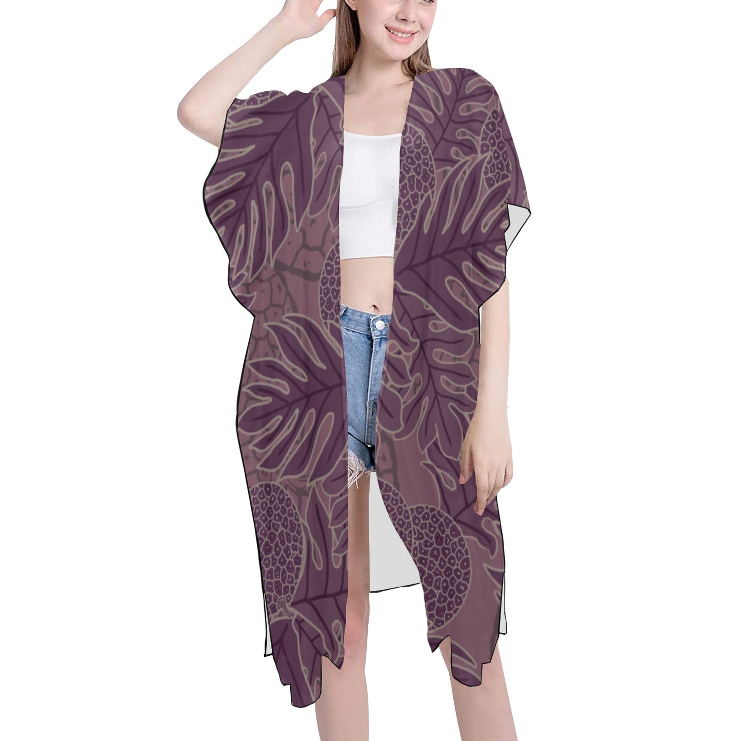 Ulu Breadfruit Hawaiian Print Purple Mid Length Kimono Chiffon Cover Up with Side Slits