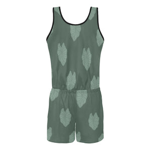 Kalo Taro Oma'oma'o Green Hawaiian Print Romper Vest Short Jumpsuit