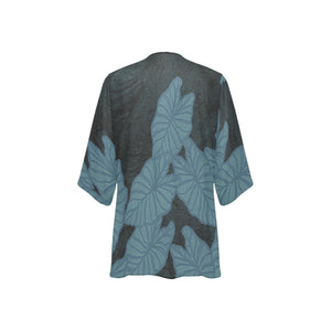 Kalo Taro Hawaiian Print Watercolor Kimono Cover Up - Blue Gray