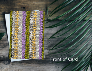 Hawaiian Lei Greeting Card - Pakalana, Puakenikeni, Purple Crown Flower, Tuberose and Pikake Hawaiian Print Design